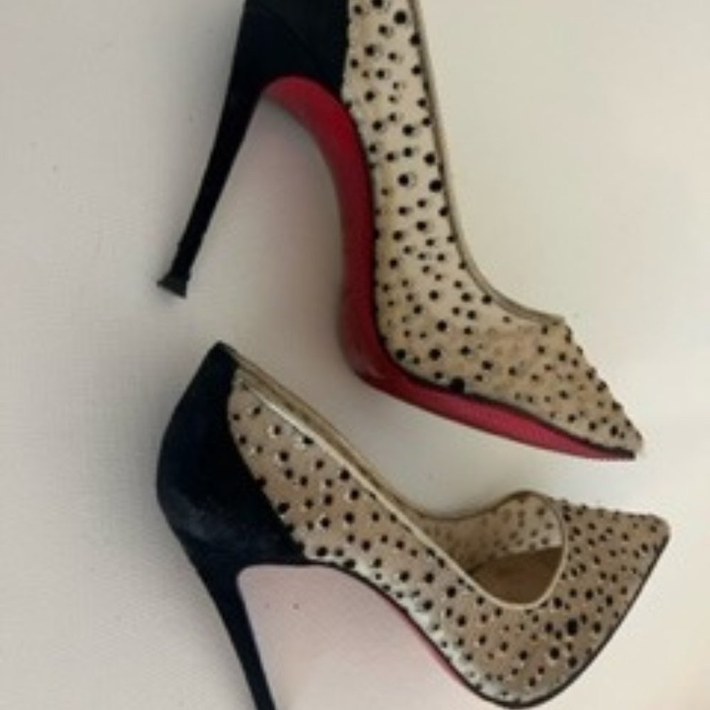 CHRISTIAN LOUBOUTIN Follies Lace 100 nude mesh black glitter speckle pump EU37
